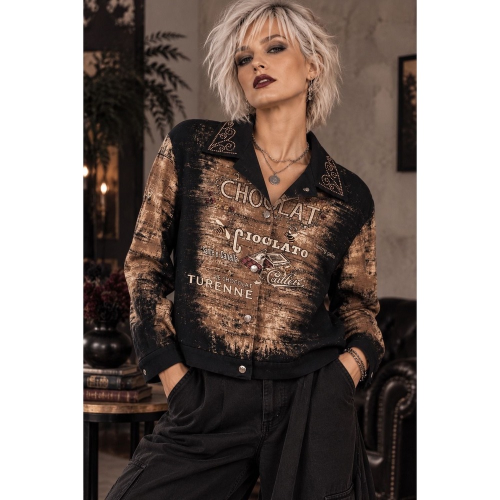 Cactus Chocolate Bee Graphic Rhinestone Collar Jacket Cotton USA Medium